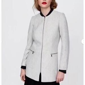 Zara Longline Herringbone Coat Jacket with Pockets — Size S, Grey, NWT